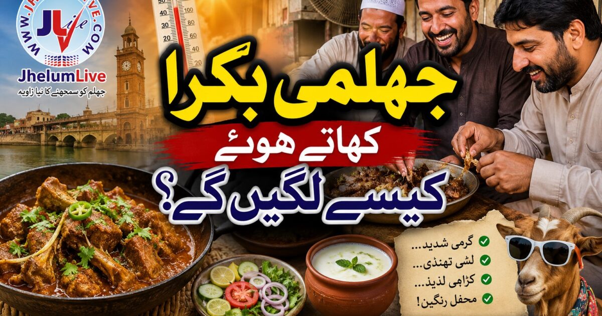 Illustration representing Jhelum's traditional food culture, featuring a family-style goat meat meal during the summer season with themes of hospitality and local cuisine.