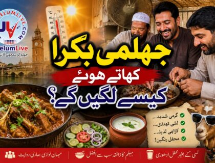 Illustration representing Jhelum's traditional food culture, featuring a family-style goat meat meal during the summer season with themes of hospitality and local cuisine.