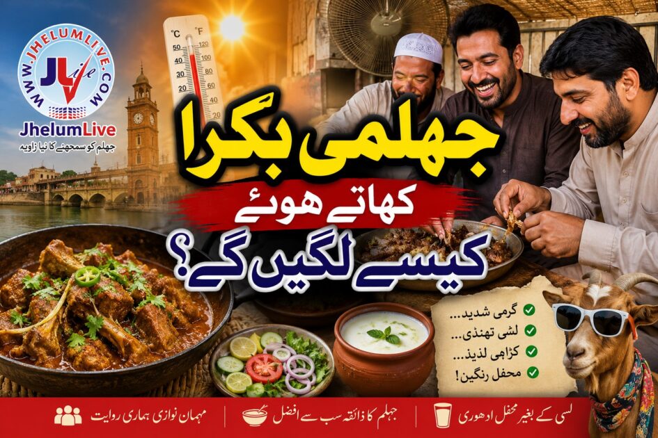 Illustration representing Jhelum's traditional food culture, featuring a family-style goat meat meal during the summer season with themes of hospitality and local cuisine.