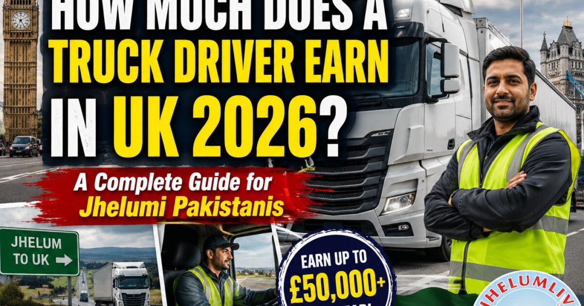 UK truck driver salary guide 2026 showing HGV driver earnings, British Pakistani drivers, and career opportunities for Jhelumi immigrants in Britain.
