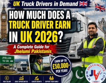 UK truck driver salary guide 2026 showing HGV driver earnings, British Pakistani drivers, and career opportunities for Jhelumi immigrants in Britain.