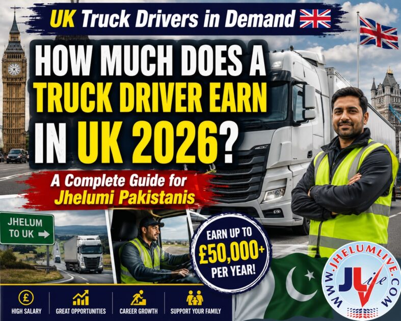 UK truck driver salary guide 2026 showing HGV driver earnings, British Pakistani drivers, and career opportunities for Jhelumi immigrants in Britain.