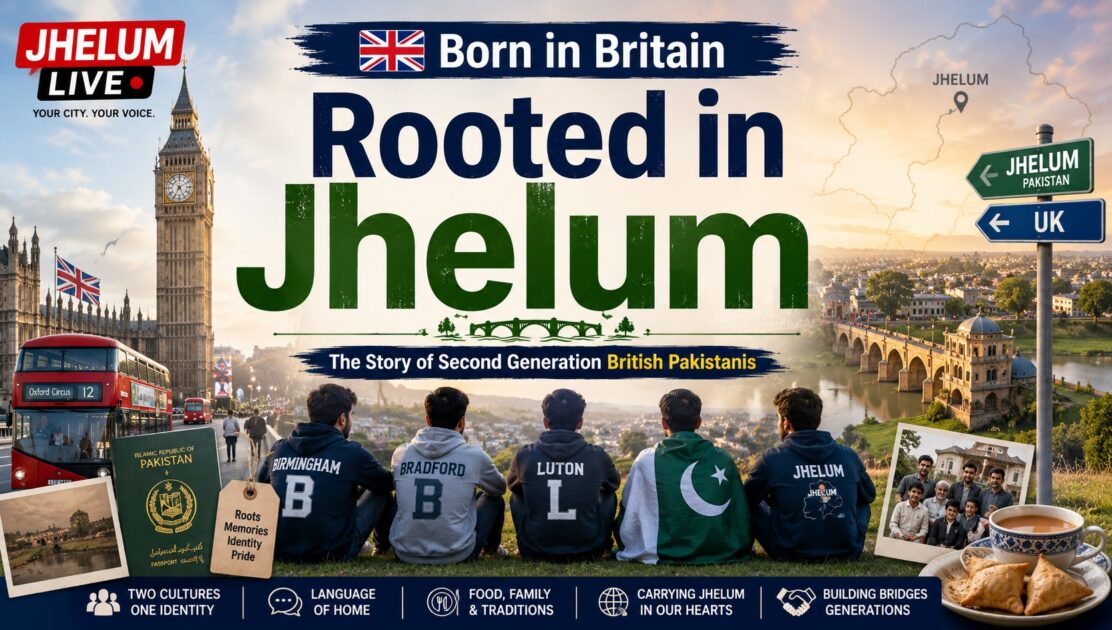Illustration of second generation British Pakistanis from Jhelum balancing their British identity with their Pakistani heritage, featuring London and Jhelum landmarks.