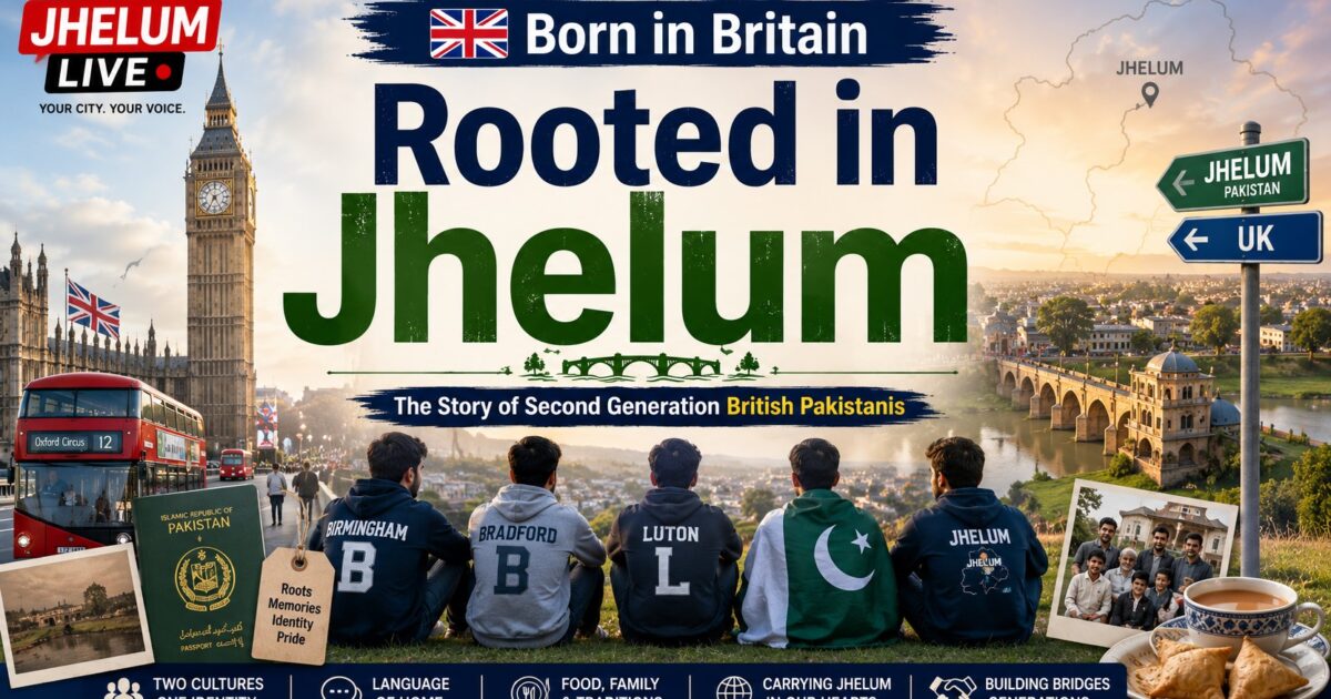 Illustration of second generation British Pakistanis from Jhelum balancing their British identity with their Pakistani heritage, featuring London and Jhelum landmarks.