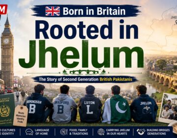 Illustration of second generation British Pakistanis from Jhelum balancing their British identity with their Pakistani heritage, featuring London and Jhelum landmarks.