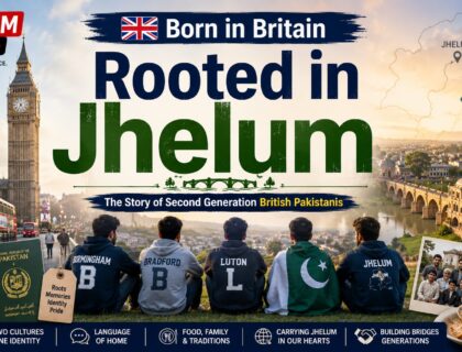 Illustration of second generation British Pakistanis from Jhelum balancing their British identity with their Pakistani heritage, featuring London and Jhelum landmarks.