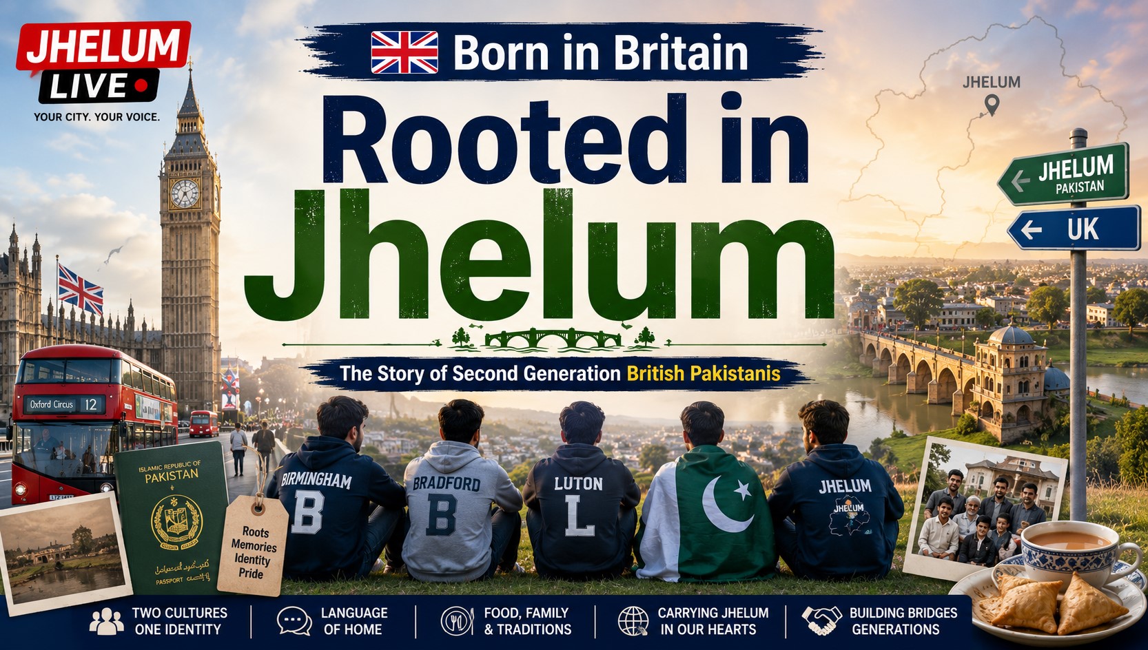 Illustration of second generation British Pakistanis from Jhelum balancing their British identity with their Pakistani heritage, featuring London and Jhelum landmarks.