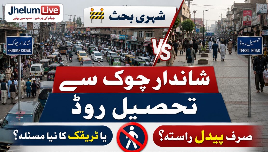 شاندار چوک سے تحصیل روڈ جہلم کا منظر جہاں پیدل چلنے والے، دکانیں، ٹریفک اور مجوزہ پیدل زون کی عکاسی کی گئی ہے۔