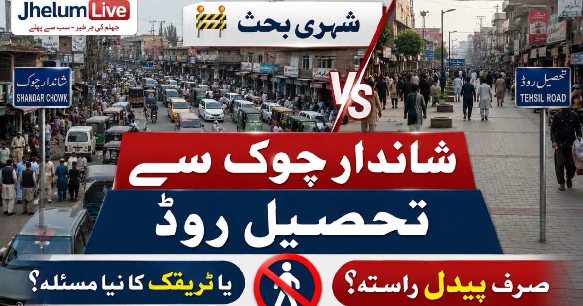 شاندار چوک سے تحصیل روڈ جہلم کا منظر جہاں پیدل چلنے والے، دکانیں، ٹریفک اور مجوزہ پیدل زون کی عکاسی کی گئی ہے۔