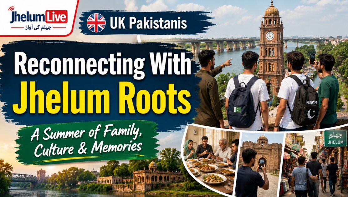 UK-born Pakistani youth visiting Jhelum during summer, meeting family, exploring local culture and reconnecting with their roots.