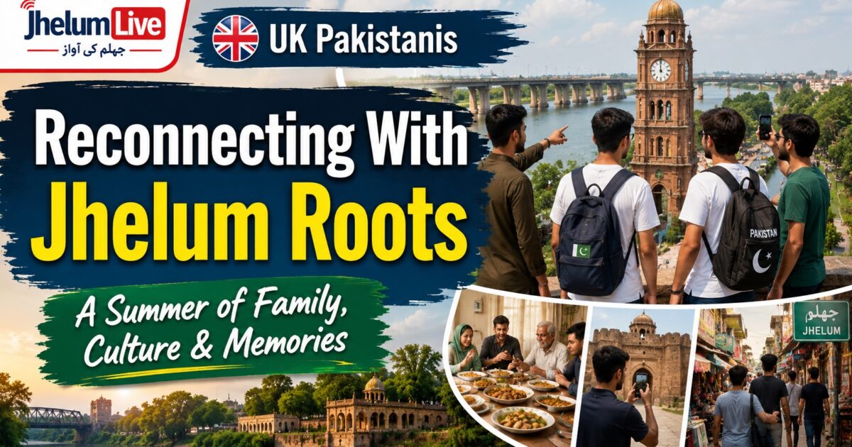 UK-born Pakistani youth visiting Jhelum during summer, meeting family, exploring local culture and reconnecting with their roots.