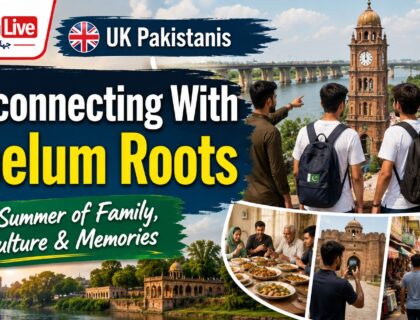 UK-born Pakistani youth visiting Jhelum during summer, meeting family, exploring local culture and reconnecting with their roots.