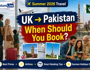 Passengers at a UK airport preparing to board a flight to Pakistan during the Summer 2026 holiday season.