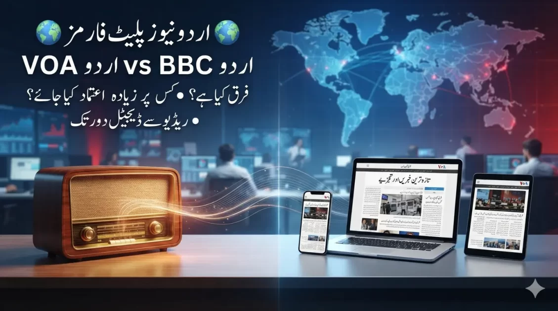 VOA اردو اور BBC اردو کا موازنہ، دونوں نیوز پلیٹ فارمز کے لوگوز اور خبروں کی علامتی تصویر
