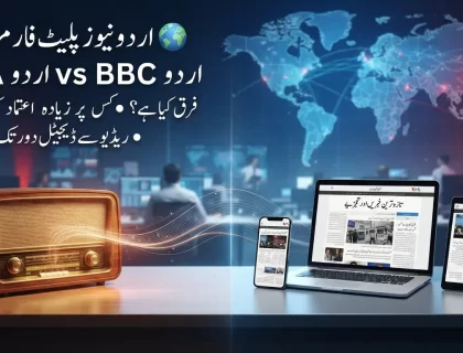 VOA اردو اور BBC اردو کا موازنہ، دونوں نیوز پلیٹ فارمز کے لوگوز اور خبروں کی علامتی تصویر